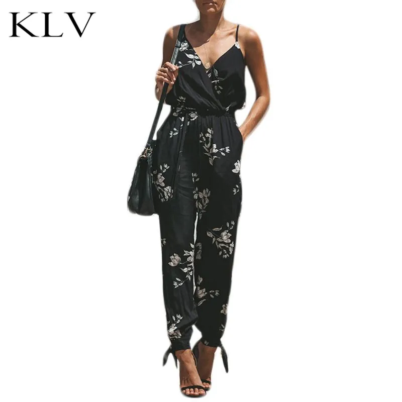 

Women Sleeveless Retro Floral Jumpsuit Sexy Wrap V-Neck Drawstring High Waist Rompers Side Split Playsuit Long Pants With Pocket