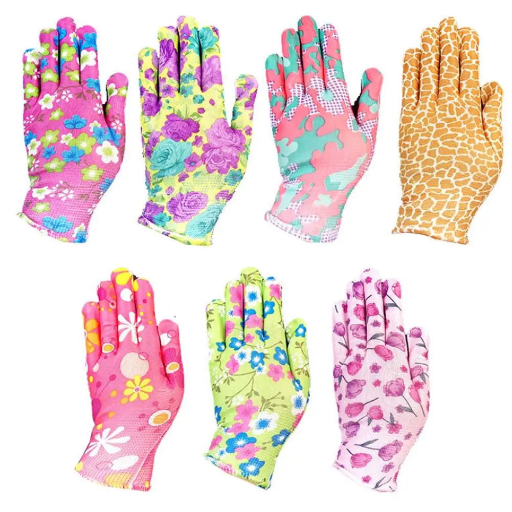 

1 Pair Floral Printed Nylon Anti-slip Anti-static Housework Garden Work Gloves Set