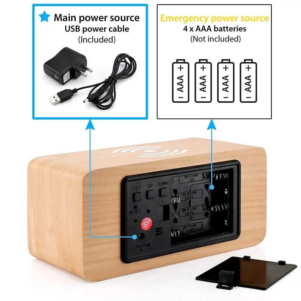 Деревянный Будильник с беспроводной зарядной панелью совместим с Iphone samsung деревянные светодиодные цифровые часы Функция управления звуком