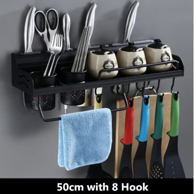 Hongdec настенный черный кухонный стеллаж для хранения, полка для кухонных принадлежностей, держатель для столовых приборов, органайзер для бурения | не требуется сверление - Цвет: Drilling 50cm