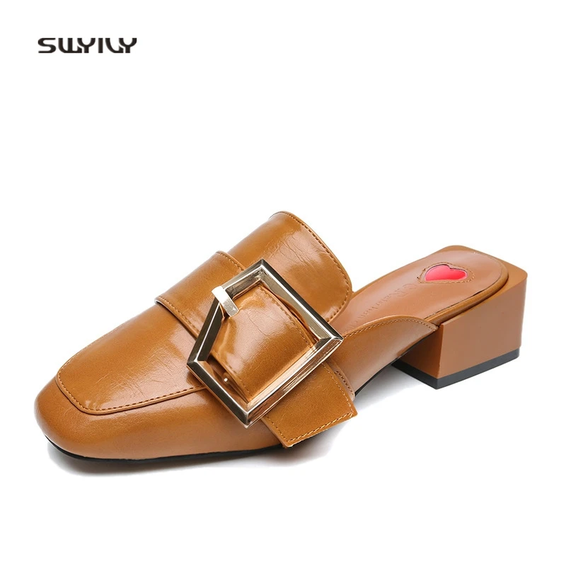 SWYIVY Slipper Shoes Woman Summer 2018 Thick Heel Female Slides Mullers Shoes Toe Cover Half Slippers Metal Buckle Woman Slipper