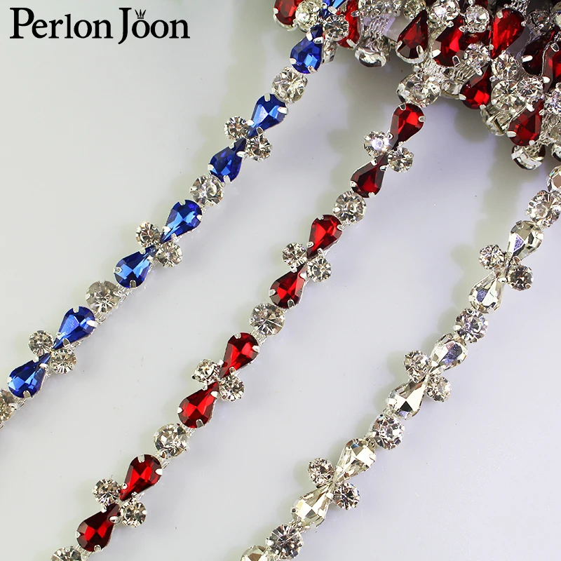 

1 yard color drop rhinestone trim drop shape glass crystal silver chain for bridal decoration clothing shoe accessories ML055