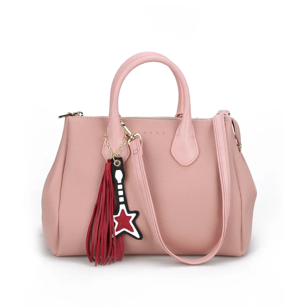 SUSEN 2175 Women Handle Shoulder Bag Solid Color Zipper Closure Top Pu