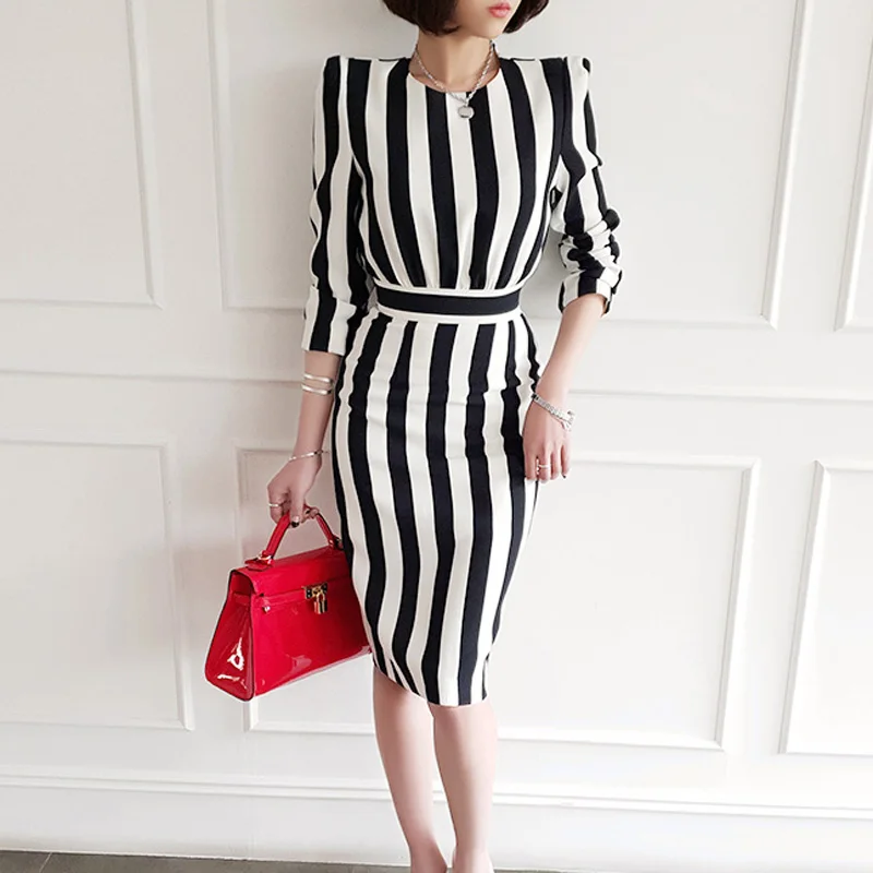 

Office Ladies Knee-length Striped Pencil Dress Women Fitted Sheath Bodycon Dresses Contrast Color Female Work Vestidos
