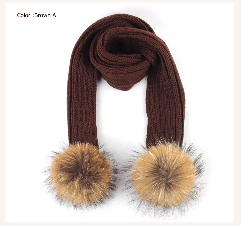 Geebro Kids Knitted Scarf With Double Raccoon Fur Pompom Boys and Girls Cashmere Plain Shawl Wrap Winter Warm Accessories DQ867