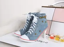 New Novelty Women Sexy Rivets Canvas High Heels Ankle Boots ,Girls Casual Jeans Denim Pumps Party Shoes Drop Shipping