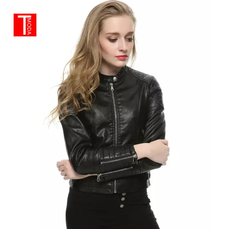 Женская мотоциклетная куртка TMODA293 черная из искусственной кожи на молнии