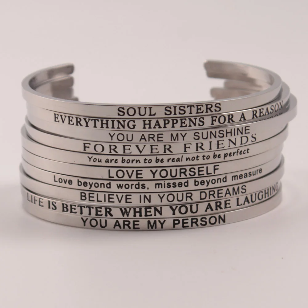 

Hot Fashion 316L Stainless Steel Bangle Engraved Positive Inspirational Quote Cuff bracelet Mantra Bracelet for Women