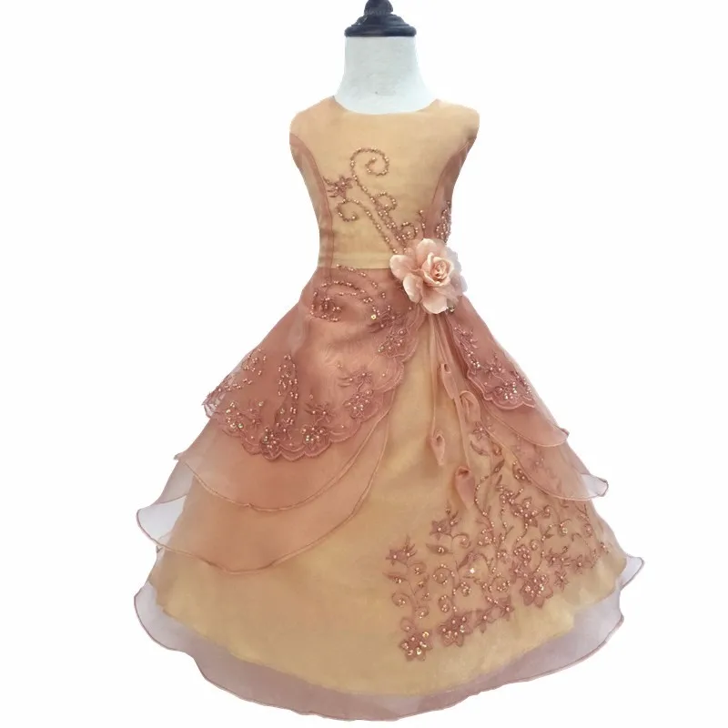 Free Shipping New Arrival Children Party Dress Teenage Kids Evening Gowns Embroidery Gold Flower Girl Dresses For Weddings