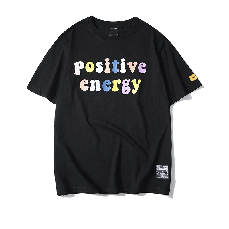Темная икона, положительная энергия, с буквенным принтом, вырез лодочкой, футболка Hipster, для мужчин, короткий рукав, хлопок, хип-хоп, футболки, мужские топы - Цвет: black tshirt