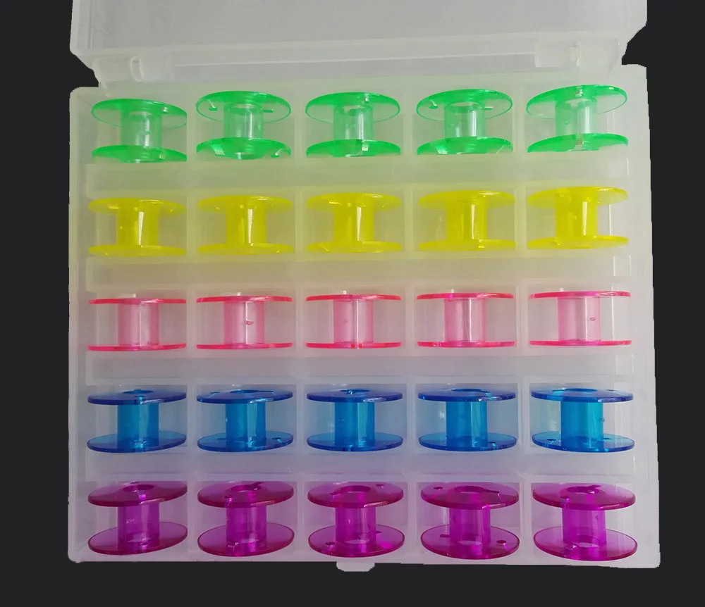 25pcs A Type Color Plastic Clear Bobbins + Plastic Box for Embroidery