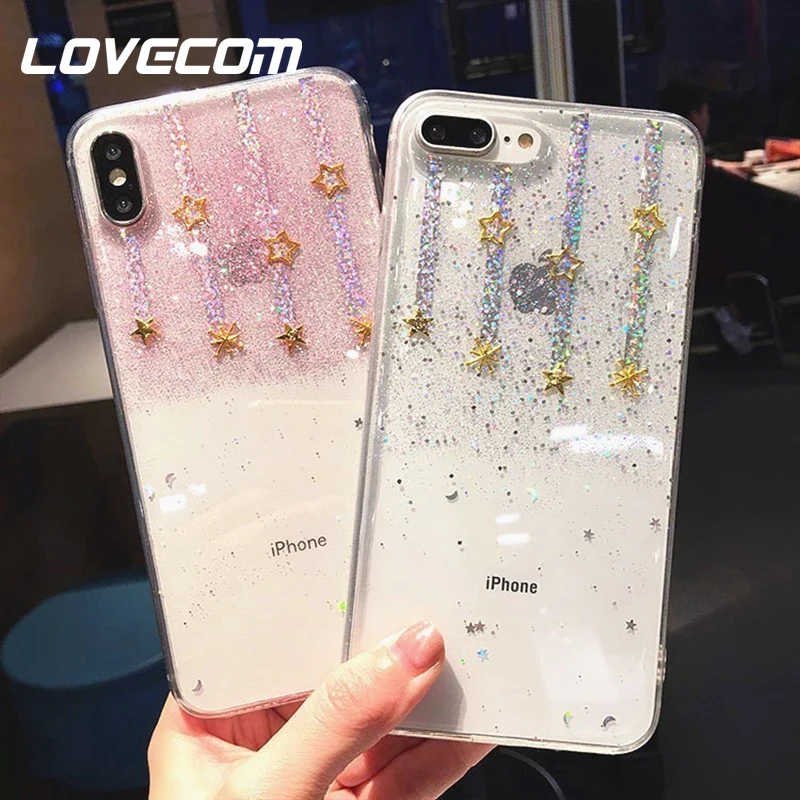 

LOVECOM For iPhone X XS MAX XR 6 6S 7 8 Plus Couple Gradient Glitter Powder Plating Starry Epoxy Silicone Transparent Phone Case