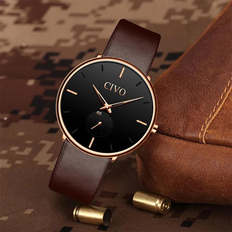 Men Watch CIVO Fashion Slim Leather Strap Minimalist Wrist Watches Mens Waterproof Business Quartz Watch Clock Relogio Masculino