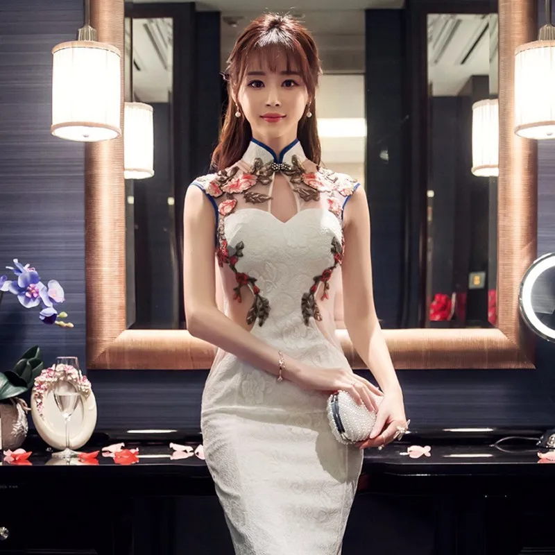 Новое традиционное китайское современное Cheongsam Белое кружево вышивка Qipao свадебное платье для женщин Qi Pao Восточный стиль платья сексуальные