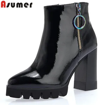 

ASUMER 2020 fashion new shoes woman round toe ankle boots for women platform genuine leather boots zip high heels boots