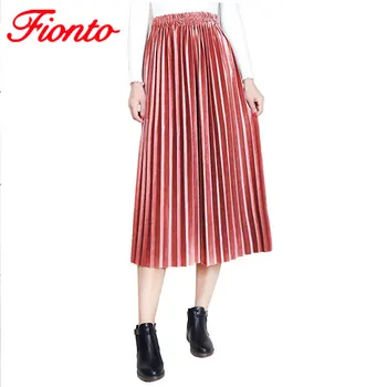

1PC Pleated Skirts Womens Autumn Casual Long Skirt Velvet High Waist Elastic Solid Female Warm Skirt Black Gray A2045