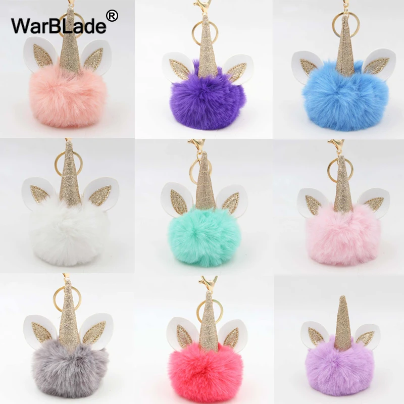 WarBLade Pompon Fluffy Unicorn Key Chain Artificial Rabbit Fur Pompoms Ball unicorn Keychain Porte Clef Women Bag Car Keyring