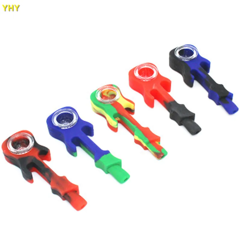Guitar Shaped Silicone Pipes Creative Mini Herb Pipe With Glass Bowl Handy Smoking Pipes 11CM Smoking Accessories 03