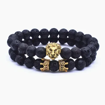2 Pcs / Set Vintage Lion Head and Crown Charm Bracelet 8mm Natural Lava Stone Beads Bracelet Men 2019 Fashion Jewelry