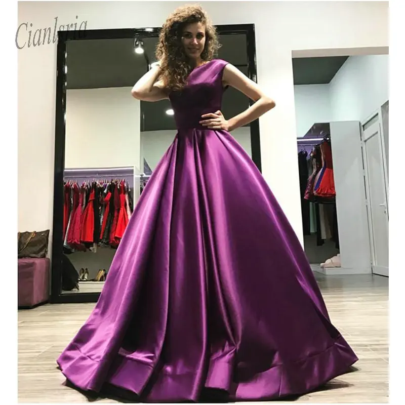 

Purple Satin Bateau Neck Prom Dress Cap Sleeves Floor Length Evening Dress Ball Gown Featuring Open Back Formal Dress