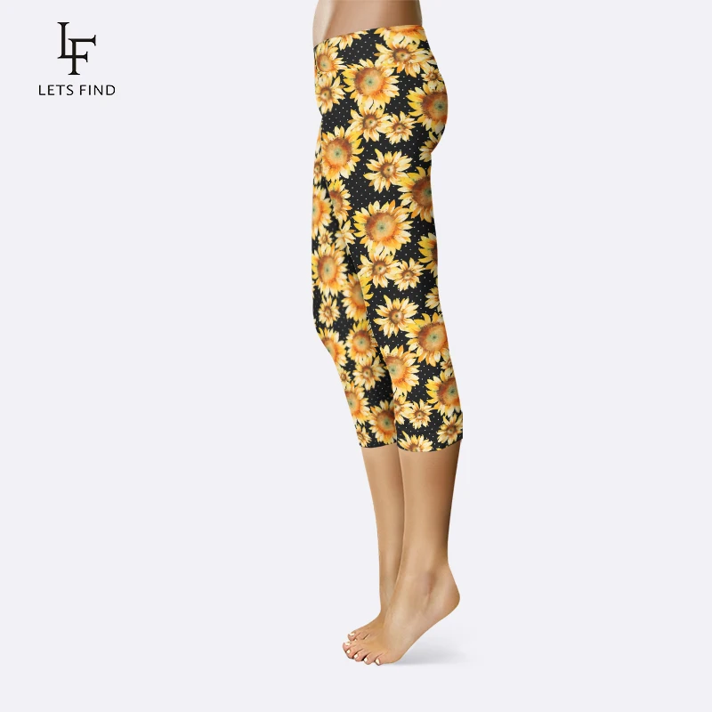 aerie leggings LETSFIND Summer Casual Style High Waist Elastic Capri Leggings New Women Sunflower Printed Mid-Calf Black Leggings thigh highs