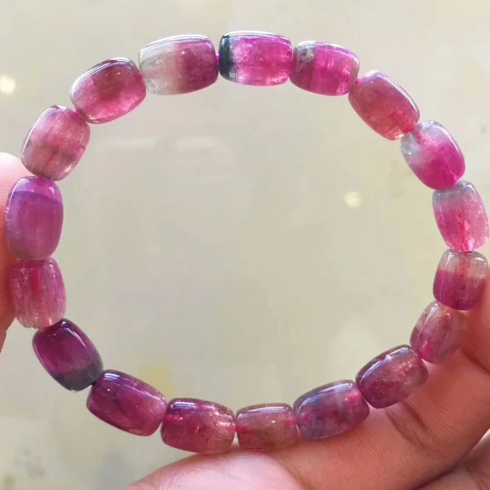 

Genuine Natural Red Watermelon Tourmaline Quartz Crystal Barrel Women Lady Charm Bracelet 10*7mm AAAA