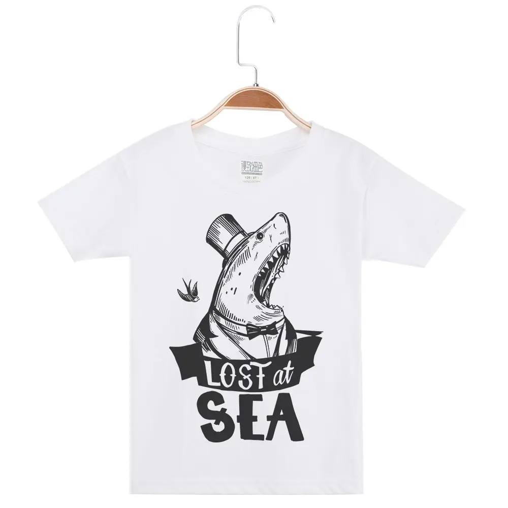 Новое поступление, Забавная детская футболка модные хипстерские хлопковые детские футболки для мальчиков белые футболки с короткими рукавами детская одежда с принтом акулы - Цвет: White