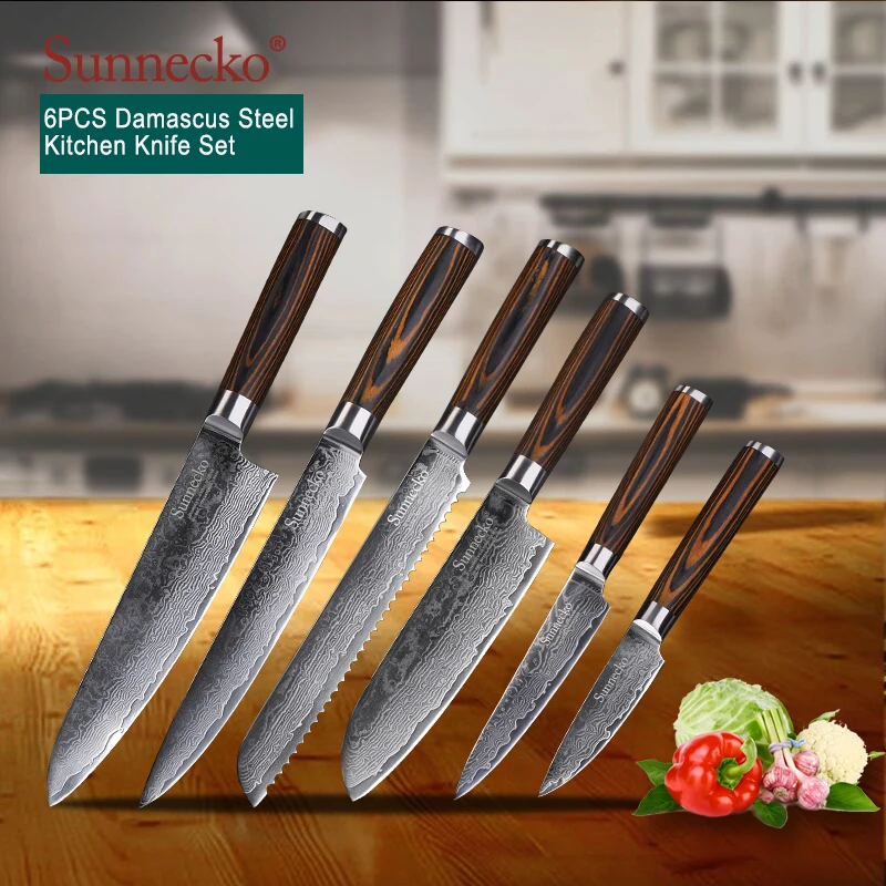 

Sunnecko 6PCS Kitchen Knife Set Utility Chef Knives 73 Layers Damascus VG10 Steel Sharp 60HRC Color Wood Handle Cutting Tools