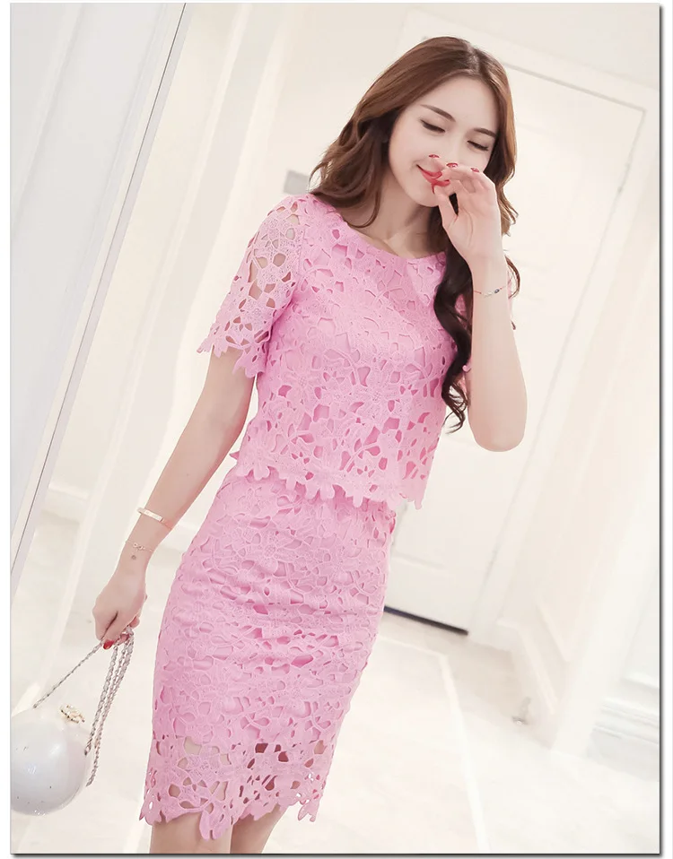Women Lace Set  O Neck Crop Tops And Skirt Hollow Out Female Suit White Blue Pink 2 Pieces (3)