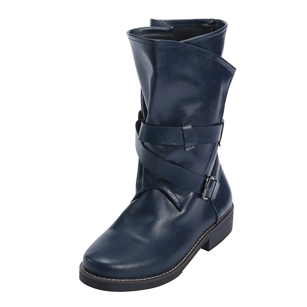 

Fashion Medium Military Boots Women Buckle Artificial Leather Patchwork Shoes Casual Round head shoes woman botas mujer @L