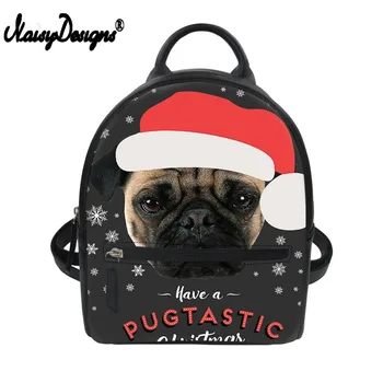 

Christmas Pug Dog Print Black Mini Pu Backpack Small School Backpack Pu Leather Women Shoulder Bag Teenager Girls Travel Bagpack