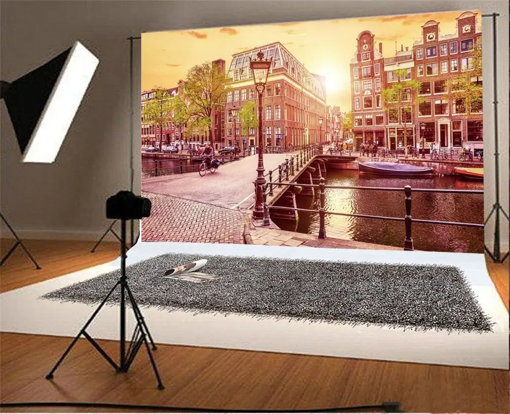 

Photography Backdrop Cityscape Channel in Amsterdam Netherlands Holland Houses River Bridge Shabby Chic Photo Background