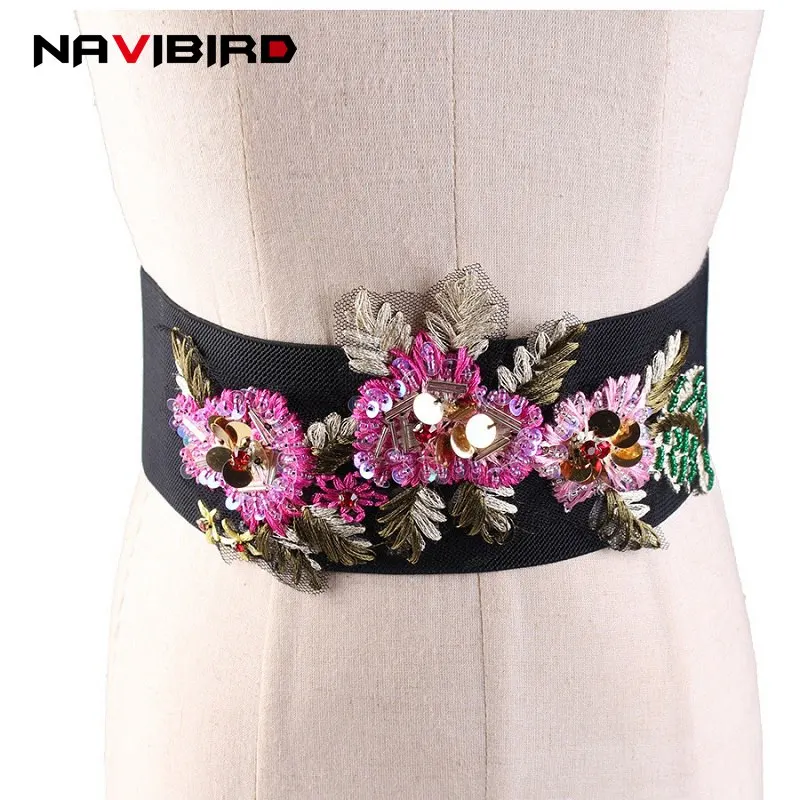 New Ethnic Embroidery Floral Belts For Women Wide Black Corset Hight