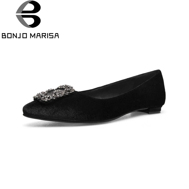 

BONJOMARISA New women's Flock Flat Crystal Pointed Toe Solid Shallow Shoes Woman Casual Spring Flats Black Big Size 34-43