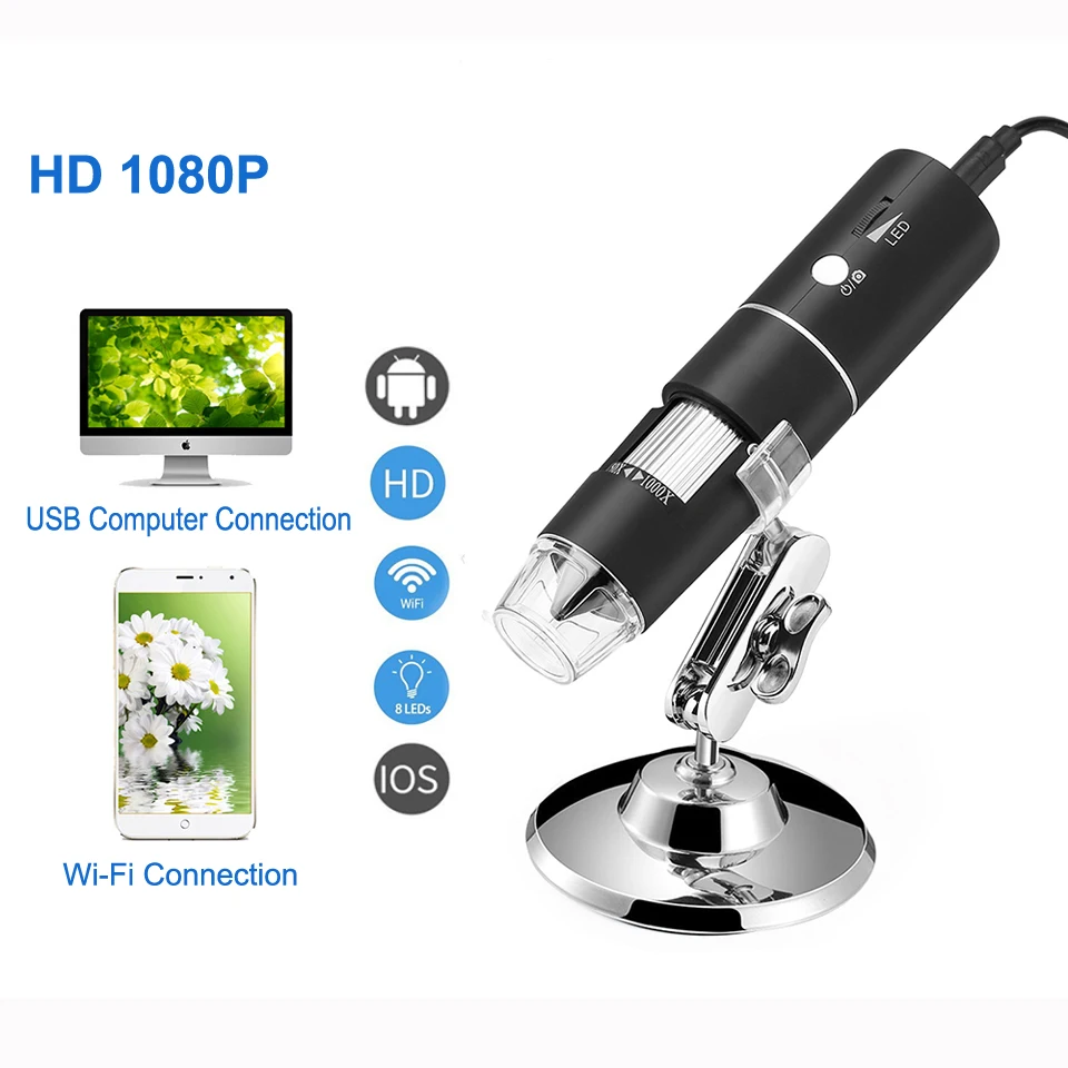 Wifi 1000X цифровой микроскоп камера беспроводной 8LED Microscopio USB Тринокулярный HD