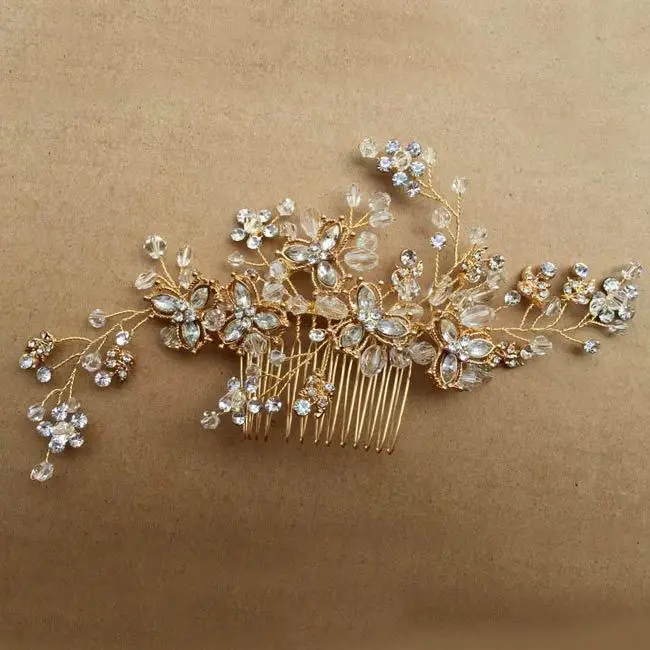 Jonnafe Gold Crystal Bridal Hair Vine Comb Flower Headpiece