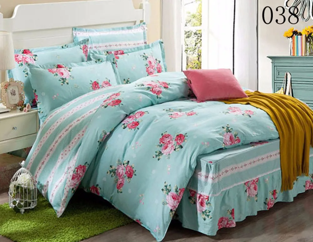 Cotton Bed Skirt 4pcs Bedding Set Bed Skirt Duvet Cover Pillowcase
