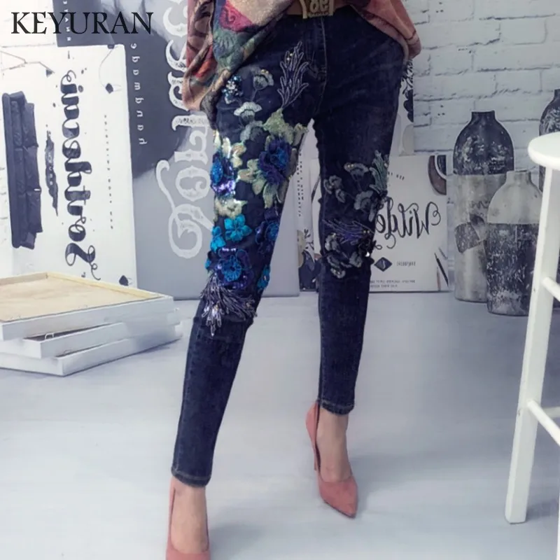 2018 New Embroidery Flowers Stretch Skinny Women Sequined Jeans Fashion Boyfriend Denim Casual Jeans Trousers For Women Pencil 2018 New Embroidery Flowers Stretch Skinny Women Sequined Jeans Fashion Boyfriend Denim Casual Jeans Trousers For Women Pencil