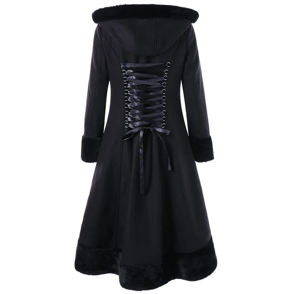 Зимний Тренч, женское готическое пальто с капюшоном, Черное длинное шерстяное пальто из искусственного меха со шнуровкой сзади, женские вечерние пальто на Хэллоуин - Цвет: black