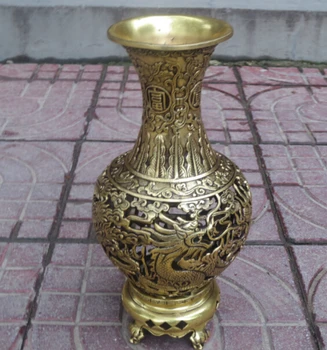 

Home Decor Metal Crafts 10inch high vases chinese brass carved hollow out Dragon and Phoenix Big vase free shipping