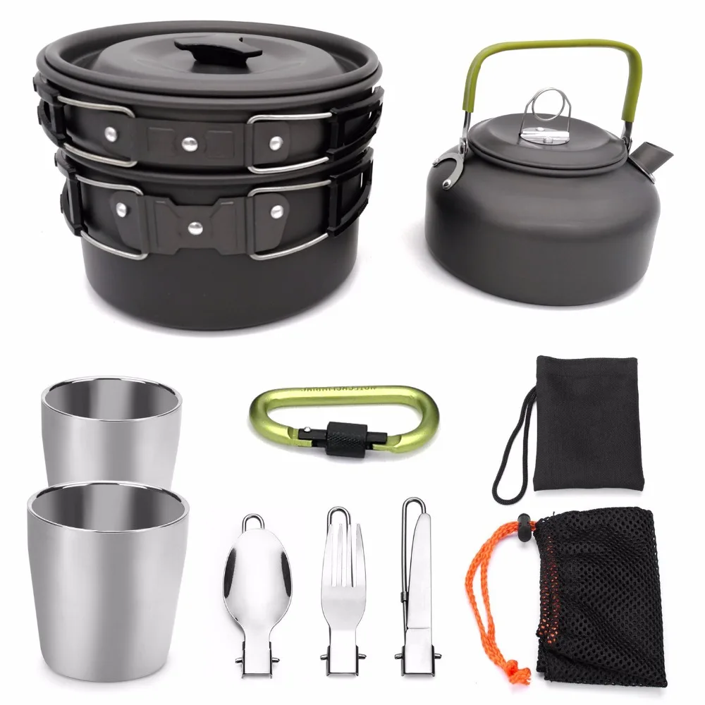 Panelas ao ar Livre de Acampamento Tigelas com Dobrável Conjunto Panelas Caminhadas Piquenique Cozinha Anti-aderente Colher Garfo Faca Copo Chaleira 1 4 1 conjunto Panelas Panelas Ao Ar Livre