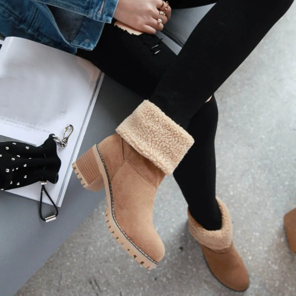 Boots Women's Ladies Winter Shoes Flock Warm Boots Round Toe Snow Boots Fur Autumn Winter Warm Short Bootie T6#