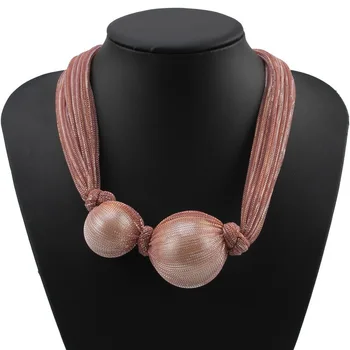

Florosy Fashion New Statement Big Ball Peal Pendant Necklace for Women Silk Ribbon Rope Chain Handmade Bead Party Necklace Jewel