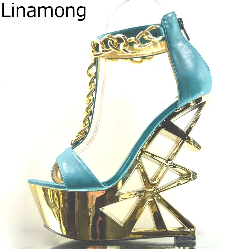 

Sexy Summer Ladies Metal Chains T-Strap Sandals Triangle Fretwork Strange Heel Open toe Platform Zip Night Club Stage Shoes