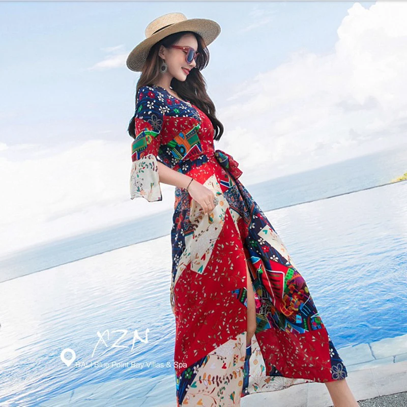 Женское платье Лето Boho длиной до пола Макси платья Для женщин шифон печати был тонкий v-образным вырезом Приморский праздничное пляжное платье