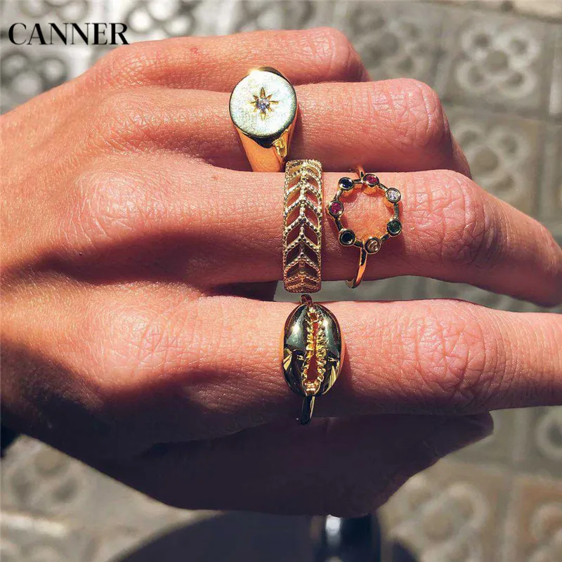

Canner 4pcs/set Colorful Rhinestone Shell Ring For Women Bohemian Finger Gold Rings Wedding Band Midi Knuckle Ring Set W4