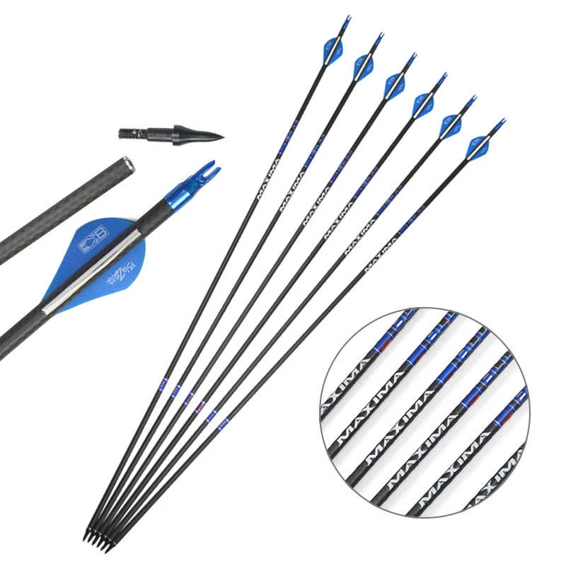 Archery 3K Weave Blue 150 250 Carbon Arrows Shaft 100 Grain Points for Compound Recurve Bow