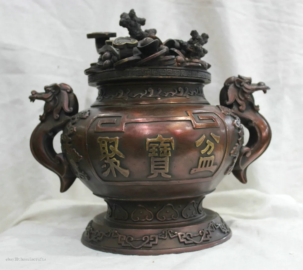 

10'' Chinese Folk Faith Pure HandMade Bronze statue Treasure bowl Dragon Statue