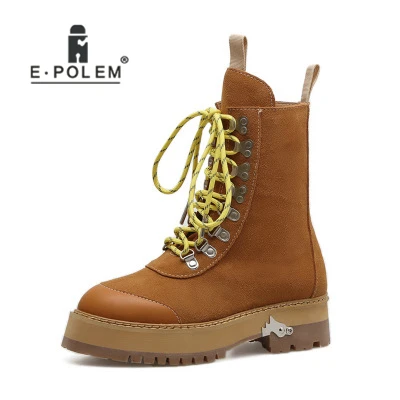 

Punk Women Winter Lace-Up Boots Mid-Calf hick Sole Motorcycle Rock Boots Genuine Black Leather Riding Equestrian Boots