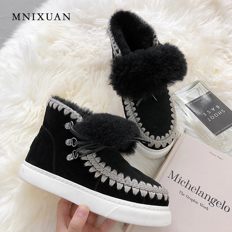 

MNIXUAN Russian style winter women shoes snow boots 2018 kid suede fur lace up warm wool waterproof flat platform ankle boots